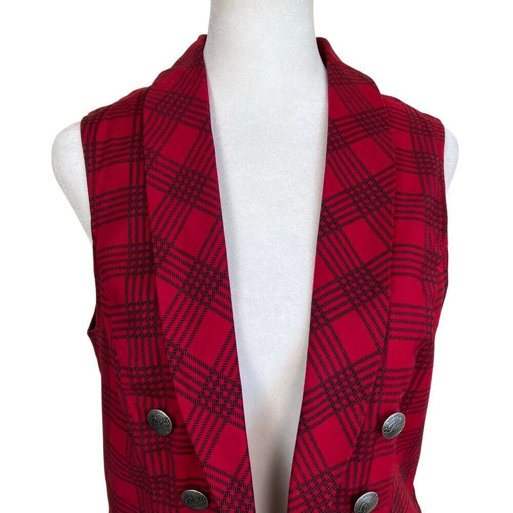 Guess Sz M Red & Black Plaid Double-Breasted Military Style Vest Punk Rock Y2K - Picture 4 of 16